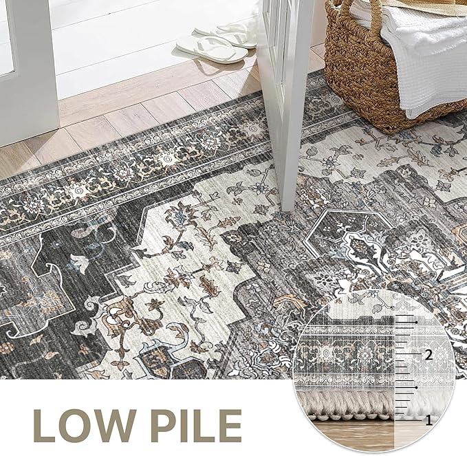 GENIMO 2X7 Hallway Runner Rug, Machine Washable Non Slip Vintage Floral Patchwork Runners, Thin Low Pile Chenille Carpet Runners for Entryway, Kitchen, Bathroom, Bedroom, Slate Gray