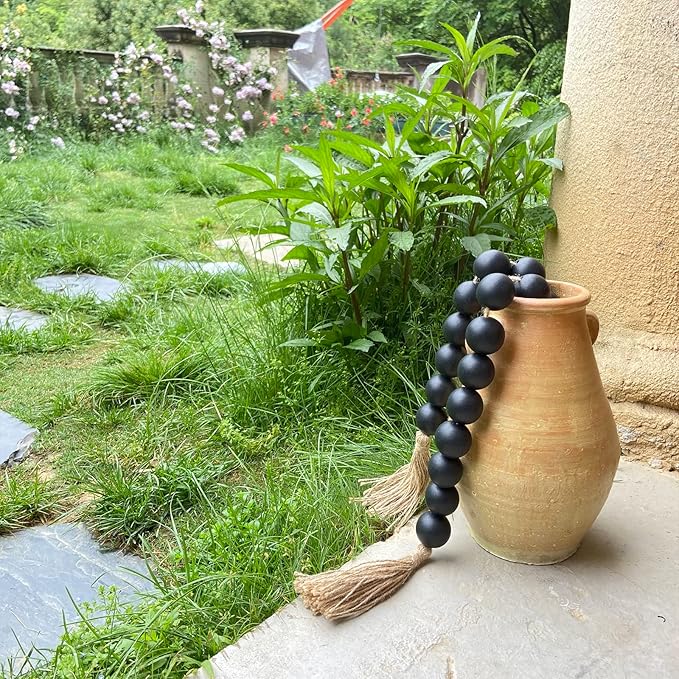 OMISHE Extra Large Wood Bead Garland Black with 1.6" Diameter Wooden Beads and Tassels, 41" Long Rustic Farmhouse Country Decorative Beads for Home Tiered Tray Decor, Black