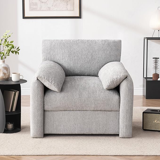 Chenille Oversized Armchair, 38.6" Wide Accent Chairs for Living Room & Bedroom Modern Lounge Chair, Upholstered Mid-Century Reading Chair, Comfy Living Room Chair, Single Sofa Chair, LightGrey