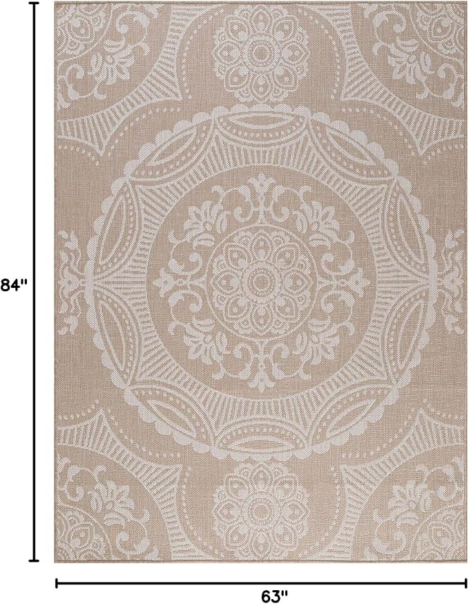 Medallion Outdoor Rug 5x7 Washable Outside Carpet for Indoor Patio Porch Waterproof Easy Cleaning Non Shedding Area Rugs Beige 5 x 7