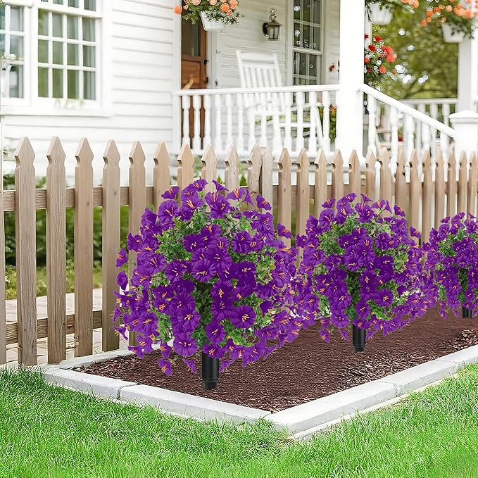 22.8" Set of 2 Fall artificial Boxwood topiary Ball tree for outdoors with Spike,UV Resistant Faux Shrubs Outdoor with morning glory flowers,Faux Plants Bushes for Garden Porch Yard Patio Decor Purple