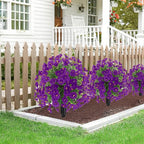 22.8" Set of 2 Fall artificial Boxwood topiary Ball tree for outdoors with Spike,UV Resistant Faux Shrubs Outdoor with morning glory flowers,Faux Plants Bushes for Garden Porch Yard Patio Decor Purple