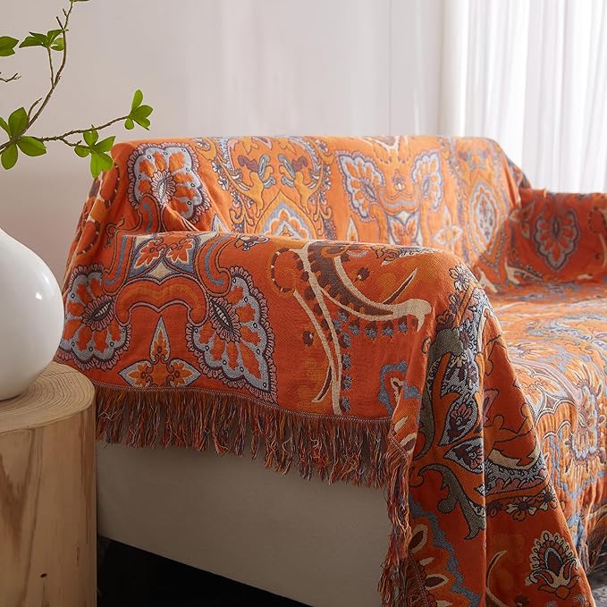 Boho Throw Blanket for Bed 80”x90”, 100% Cotton Woven Blanket for Couch Sofa, Ultra Soft 4-Layer Muslin Quilt with Vintage Floral Printed, Farmhouse Bed Blanket/Cover for Living Room Decor