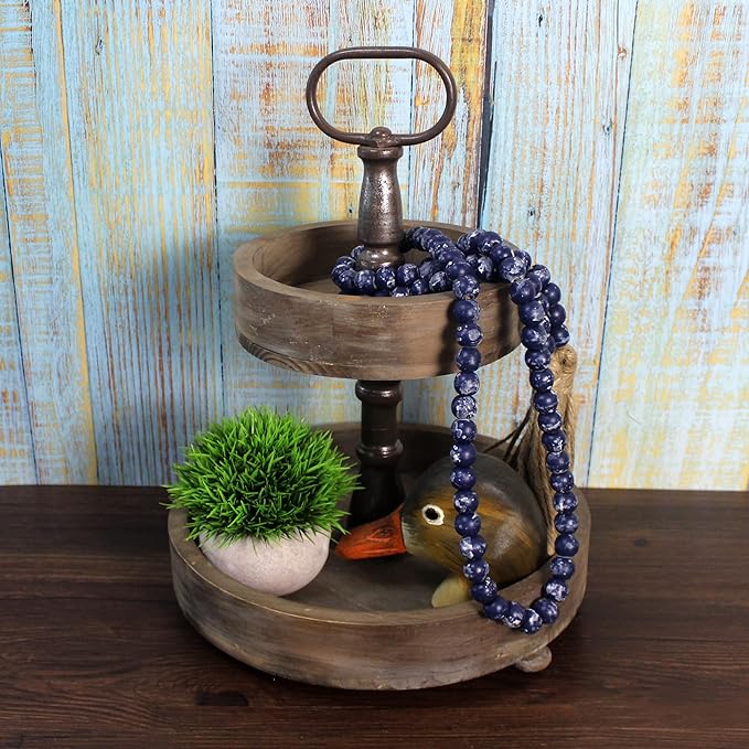 CVHOMEDECO. Wood Beads Garland with Tassels Farmhouse Rustic Wooden Prayer Bead String Wall Hanging Accent for Home Festival Decor. Navy Blue Stained