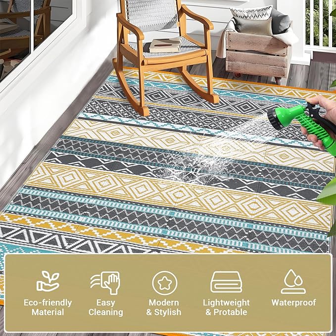 GAOMON Reversible Outdoor Rug 9'x18' Waterproof Plastic Straw Rug, Patio Rug, Large Modern Area Rug Carpet, Indoor Outdoor Rugs for Camping, Porch, Deck, Balcony, Backyard, Teal/Yellow(Bohemia)