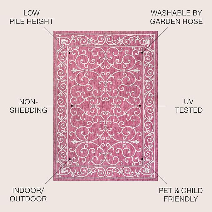 JONATHAN Y Vintage Filigree Indoor Outdoor Area Rug 5X8 Fuchsia/Light Gray, Charleston Textured Weave for Backyard, Patio, Porch, Easy-Cleaning, High Traffic, Pet-Friendly, Non-Shedding (SMB106J-5)