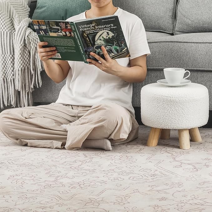 Asense Small Round Ottoman Foot Rest Stool Teddy Velvet Padded Seat Footstool Ottoman with Anti-Slip Wooden Legs (White,Teddy Velvet)