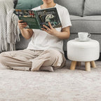 Asense Small Round Ottoman Foot Rest Stool Teddy Velvet Padded Seat Footstool Ottoman with Anti-Slip Wooden Legs (White,Teddy Velvet)