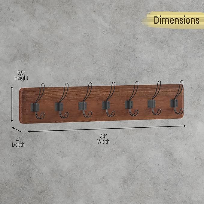 HBCY Creations Rustic Brown Solid Wood Wall Mounted Coat Rack with Shelf, 7 Hooks, 34" Long - Kitchen, Mudroom, Entryway, Bathroom - Includes Mounting Hardware, Coat Hanger, Dog Leash Hooks