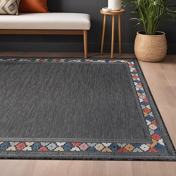 Beverly Rug Outdoor Rug 4x6 Modern Bordered Area Rugs for Indoor and Outdoor Patio Easy to Clean Non Shedding Living Room Porch Garden Washable Outside Carpet (4 x 6 Dark Gray)