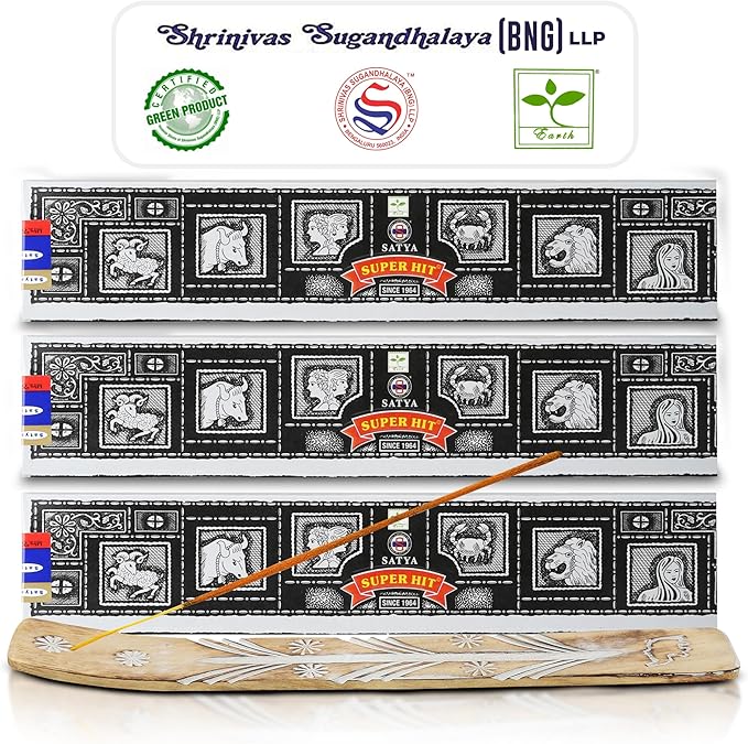 Satya Super Hit Incense Sticks, Satya Bng (Bangalore) 15gmx3 Pack (45 GMS) with Raajsee Insense Holder Bundle, Satya Nagchampa Natural