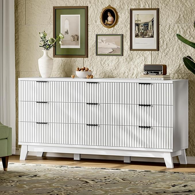 Fluted Dresser with 9 Drawers, 63" Wide Modern Chest of Drawers with Metal Handle, Wooden Dresser TV Stand, Wood Closet Clothes Storage Organizer for Bedroom, Living Room, Hallway, Solid White