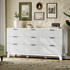 Fluted Dresser with 9 Drawers, 63" Wide Modern Chest of Drawers with Metal Handle, Wooden Dresser TV Stand, Wood Closet Clothes Storage Organizer for Bedroom, Living Room, Hallway, Solid White