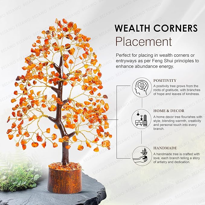 Carnelian Chakra Tree of Life - Crystal for Positive Energy, Handmade Gemstone Feng Shui Decor, Good Luck Money Tree Bonsai - Orange Healing Crystals for Sacral Chakra, Prosperity Gift
