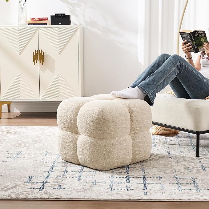 ONEVOG Beige Modern Ottoman, 21" Square Funky Pouf Ottoman, Linen Fabric Upholsered Foot Rest, Small Coffee Table & Couch Footstool & Vanity Chair for Living Room Bedroom, Dorm, Cute Pouf Home Decor