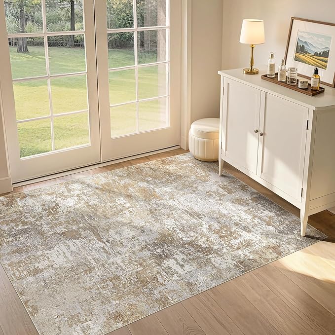 Tortania Washable 3x5 Area Rug - Modern Abstract Neutral Rugs Indoor Soft Thin Mat Non Slip Carpet for Entrance Front Door Living Room Bedroom Home Floor Decoration- Brown Grey