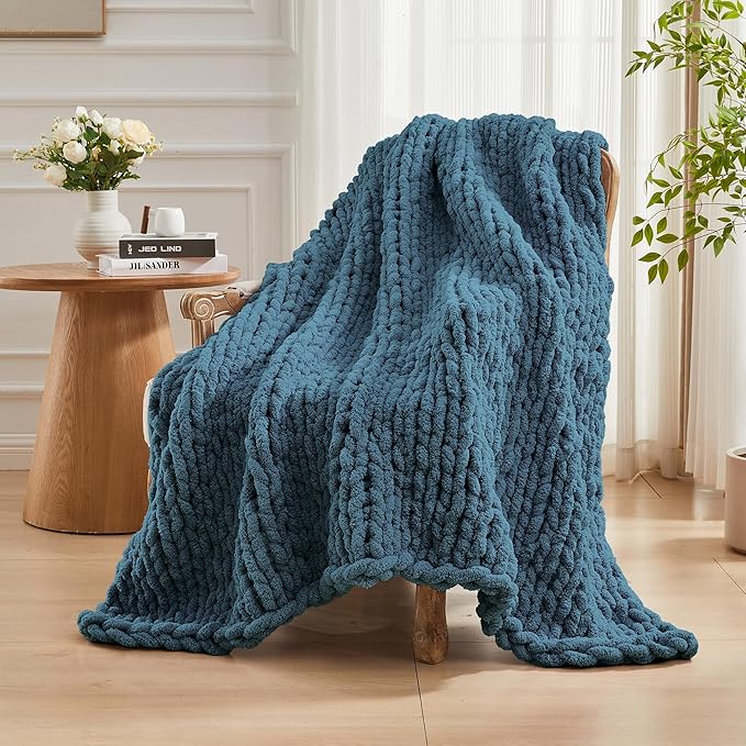 Carriediosa Chunky Knit Throw Blanket 50" X 60", 100% Hand Made Large Chenille Loop Yarn Soft Fluffy Throws for Couch Sofa Bed, Big Crochet Cozy Heavy Thick Cable Woven Blankets, Lyons Blue