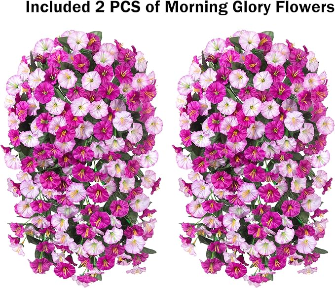 Artificial Fake Fall Hanging Mums Flowers Plants for Outdoor Outside, 2 PCS Faux Silk Morning Glory Trailing Vines Look Real UV Resistant for Porch Planter Patio Decor (Light Fuchsia and Fuchsia)