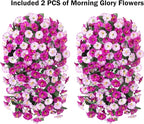 Artificial Fake Fall Hanging Mums Flowers Plants for Outdoor Outside, 2 PCS Faux Silk Morning Glory Trailing Vines Look Real UV Resistant for Porch Planter Patio Decor (Light Fuchsia and Fuchsia)