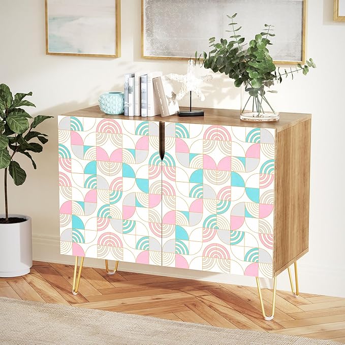 SIGNWIN Sideboard Buffet Cabinet, Kitchen Storage Cabinet with 2 Doors, Pastel Pink & Teal Polygon, Cupboard Console Table for Dining Room - 35" L x 18" W x 29" H