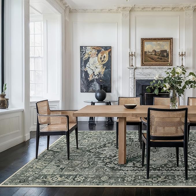 GENIMO Machine Washable 9x12 Area Rugs for Living Room, Non Slip Vintage Rugs, Low Pile Lightweight Chenille Print Rug for Bedroom, Dining Room, Home Office, Night Black