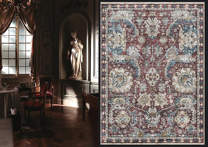 RUGSURE Washable Area Rugs - Perfect for Living Room, Bedroom, Kids Room, Nursery - Stain & Water Resistant Non-Slip, Pet & Child Friendly, Vintage Tribal Area Rugs (Burgundy and Blue, 3' x 5 ')