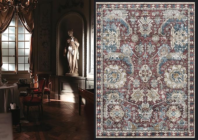 RUGSURE Washable Area Rugs - Perfect for Living Room, Bedroom, Kids Room, Nursery - Stain & Water Resistant Non-Slip, Pet & Child Friendly, Vintage Tribal Area Rugs (Rust and Bule, 9' x 12')