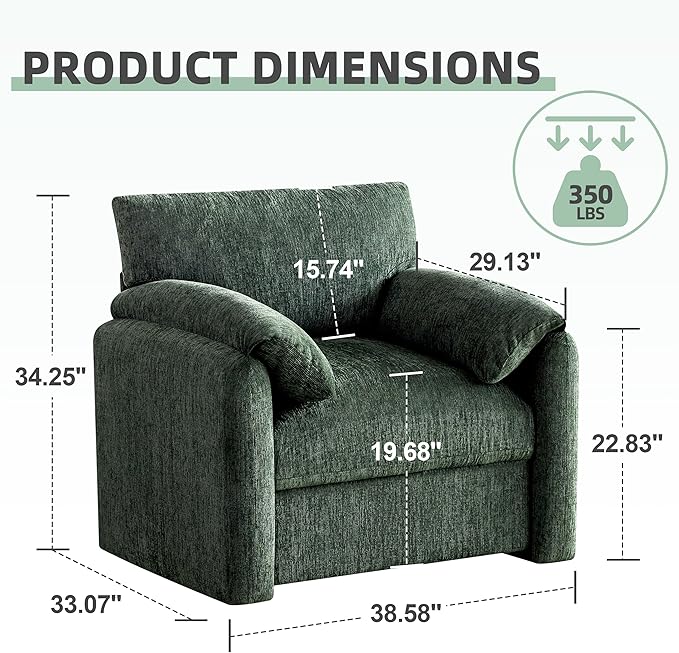 Chenille Oversized Armchair, 38.6" Wide Accent Chairs for Living Room & Bedroom Modern Lounge Chair, Upholstered Mid-Century Reading Chair, Comfy Living Room Chair, Single Sofa Chair, Green