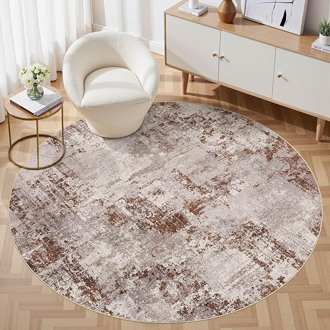 Tortania Washable 7' Round Area Rug for Living Room: Modern Abstract Neutral Large So' Thin Rugs - Non Slip Indoor Carpet for Bedroom Dining Room Office Nursery Home Floor Decoration - Brown