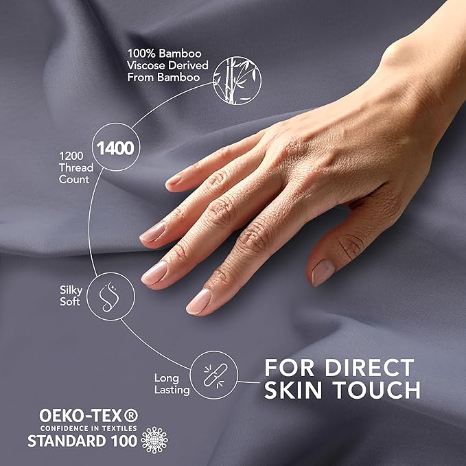 EPITEX Solid 4 Piece Queen Sheet Set - Viscose Derived from Bamboo, 1400 Thread Count, Breathable and Cooling Bed Sheets Set, Luxurious Silky Bedding for Hot Sleeper, Deep Pocket Up to 16'', Charcoal