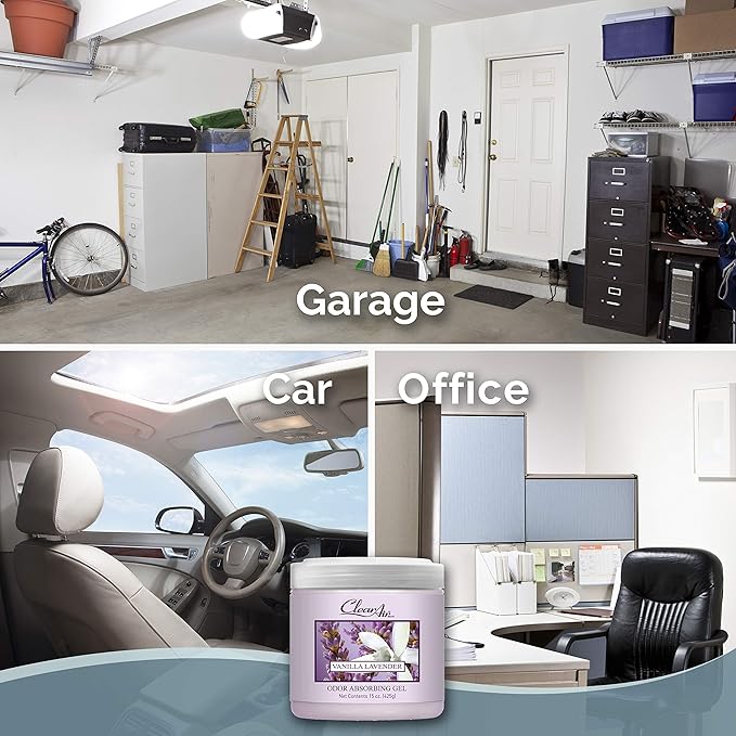 Clear Air Odor Absorber Gel - 15 oz, Pack of 2 - Air Freshener Absorbs and Eliminates Odors in Bathrooms, Cars, Boats, RVs and Pet Areas - Made with Essential Oils - Lavender Vanilla Scent