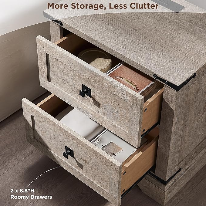 T4TREAM 24" Farmhouse Nightstand with Charging Station, Large End Table with 2 Storage Drawers, Rustic Wood Sofa Bedside Table for Bedroom, Light Rustic Oak