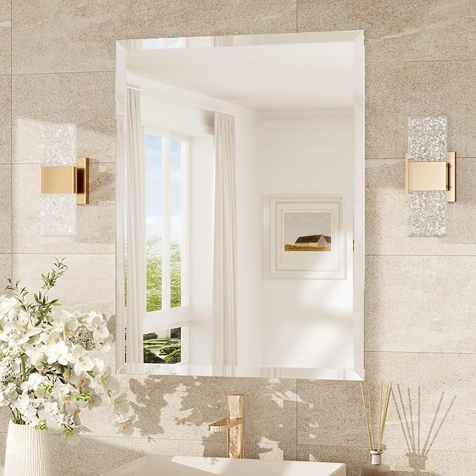TokeShimi 24x32 Beveled Bathroom Mirror Frameless, Tempered Rectangle Bathroom Vanity Mirror Beveled with 1" Beveled Edge, Shatterproof Farmhouse Wall Mirrored for Living Room, Entryway, Restroom