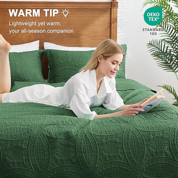 Love's cabin Quilts for Full Bed Olive Green Bedspreads Bedding Set - Lightweight Bedspread Comforter - Coin Pattern Bedding Coverlet for All Season - 3 Pieces (1 Quilt, 2 Pillow Shams)