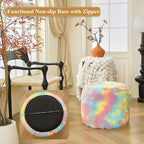 XeGe Fluffy Faux Fur Inflatable Pouf Ottoman, Soft Fuzzy Foot Stool, Plush Furry Foot Rest Floor Pouf Anti-Slip for Kids Girls Adult, Cute Foldable Ottoman Cushion Living Room Bedroom, Rainbow