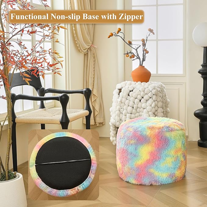 XeGe Fluffy Faux Fur Inflatable Pouf Ottoman, Soft Fuzzy Foot Stool, Plush Furry Foot Rest Floor Pouf Anti-Slip for Kids Girls Adult, Cute Foldable Ottoman Cushion Living Room Bedroom, Rainbow