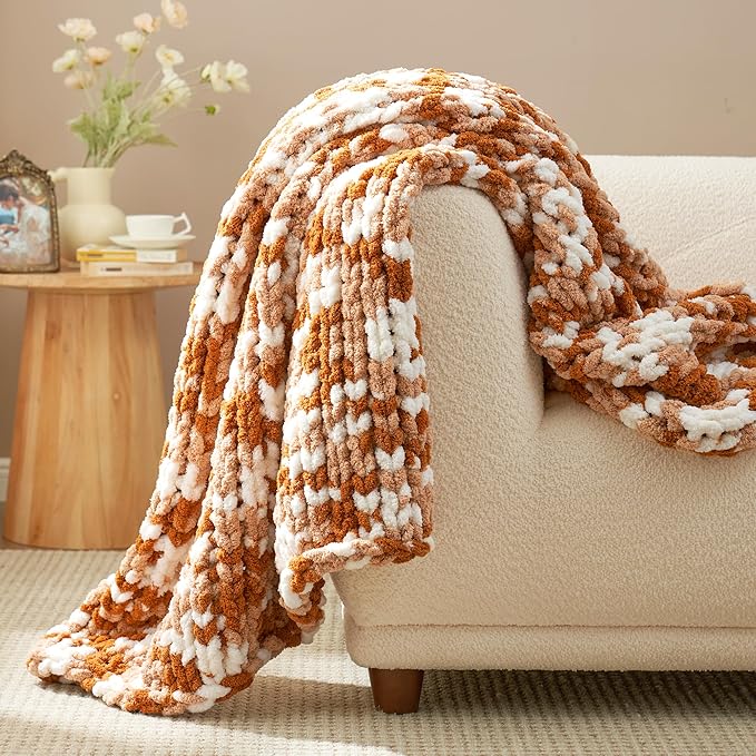 Amélie Home Chunky Knit Throw Blanket for Couch, Soft Chenille Crochet Blanket for Sofa, 50"x60", Space-Dyed Burnt Orange