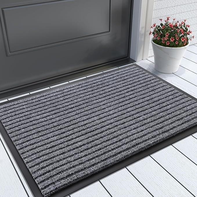 Yimobra Front Door Mat Outdoor Indoor Entrance, 100% Waterproof All-Season All Weather Doormat, Welcome Matt Outside Entry, Non Slip, Low Profile, Heavy Duty Patio Porch Floor Mat,29.5 x 17,Gray White