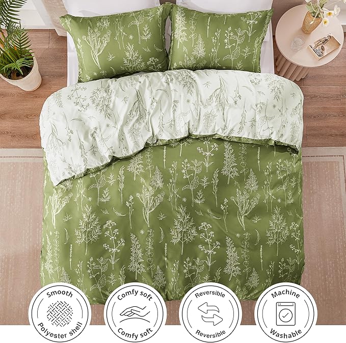 Love's cabin Olive Green Twin Comforter Set - Twin XL Size Comforter Set Dorm Bedding, 2 Pieces Cute Floral Bedding Comforter Set, Soft Reversible Flowers Comforter, 1 Comforter & 1 Pillow Sham