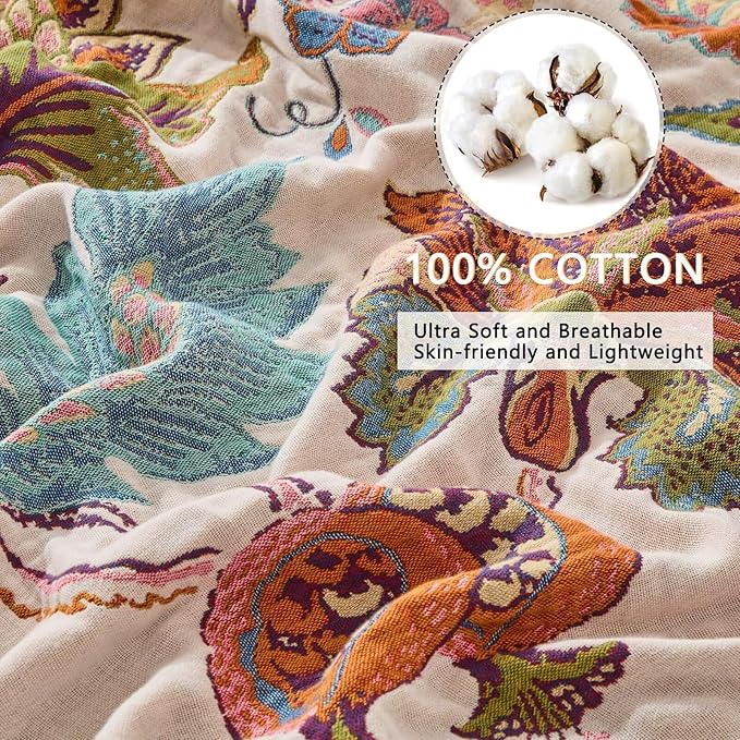 Boho Throw Blanket for Couch,100% Cotton Summer Blanket for Bed, Ultra Soft Rustic Quilt for Bed, Home Decor, Boho Picnic Blankets with Pomegranate for All Seasons 60"x80"