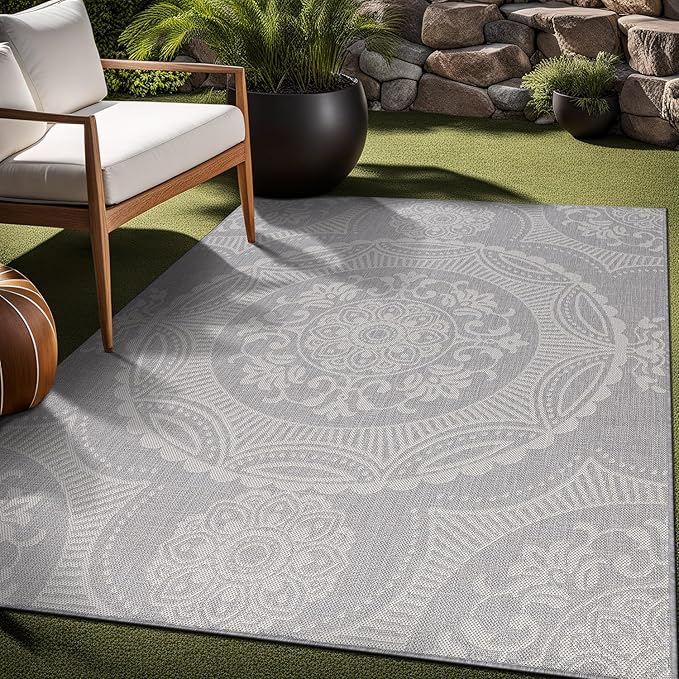 Medallion Outdoor Rug 6x9 Washable Outside Carpet for Indoor Patio Porch Waterproof Easy Cleaning Non Shedding Area Rugs Gray 6 x 9