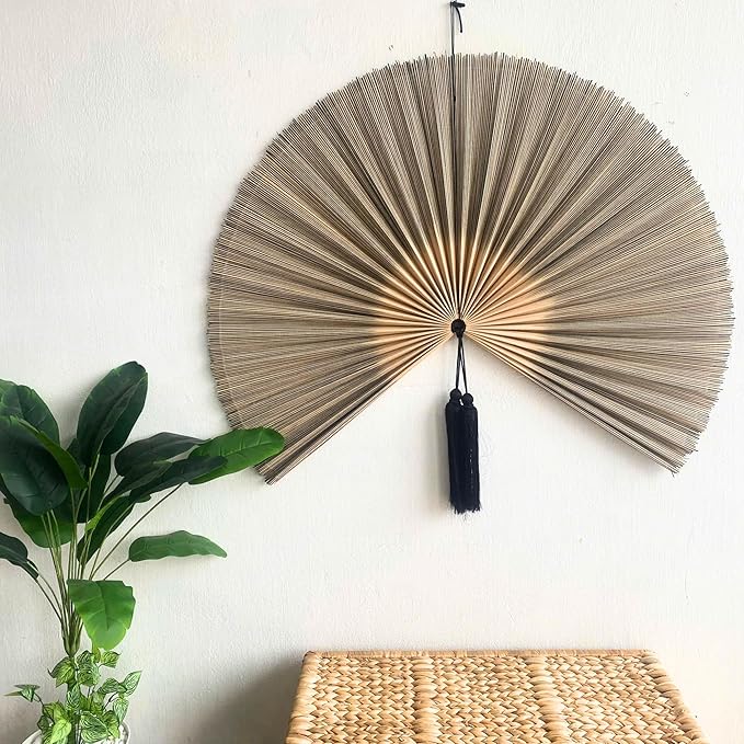 Fan Wall Decor, Japanese Giant Fan, Large Bamboo Fan Wall Art For Boho Hanging Headboard, Decorative Folding Fans For Over Bed, Asia Trending (Gray 48inch)