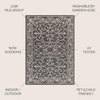 JONATHAN Y Vintage Filigree Indoor Outdoor Square Area Rug 3X3 Black/Gray, Charleston Textured Weave for Backyard, Patio, Porch, Easy-Cleaning, High Traffic, Pet-Friendly, Non-Shedding (SMB106G-3SQ)