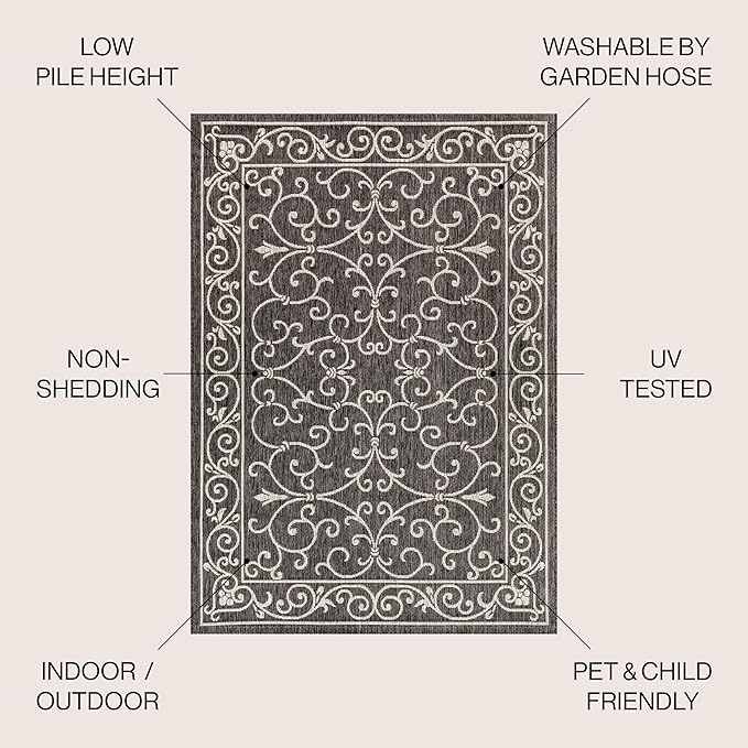 JONATHAN Y Vintage Filigree Indoor Outdoor Square Area Rug 9X9 Black/Gray, Charleston Textured Weave for Backyard, Patio, Porch, Easy-Cleaning, High Traffic, Pet-Friendly, Non-Shedding (SMB106G-9SQ)