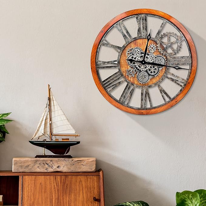Large Wall Clock, Clocks for Living Room Decor Oversized 30 Inch Wall Decor Farmhouse Vintage Rustic Industrial Roman Big Chic Home Decor Wall Clock for House Bedroom Office, Moving Gears Clock