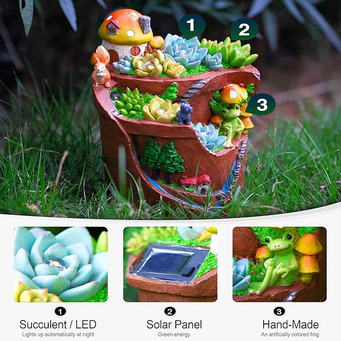 Garden Solar Figurine Light - Flowerpot Succulent Solar Light Outdoor, Solar Powered Lighting Outside Decorations Yard Art Lawn Ornaments for Porch Patio Balcony - Succulent Gifts for Women Mom