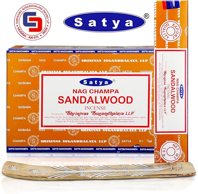 Satya Sandalwood Incense Sticks 180 gm (15GM X 12 Pack) from Satya Sai Baba Nag Champa and Raajsee Incense Sticks Holder Bundle, Free from Chemicals,Natural Insenses