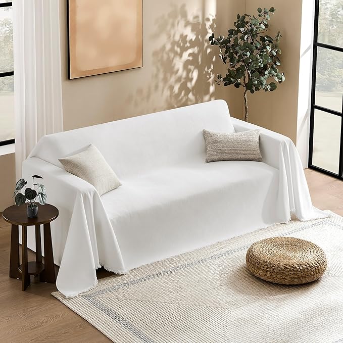 Couch Cover for Dogs Sectional Sofa Covers Washable for 2 Cushion Couch, Chenille Couch Cover Blanket, Sectional Sofa Slipcovers, Multi-Use Furniture Protector for Kids, Pets, 91" X118", White