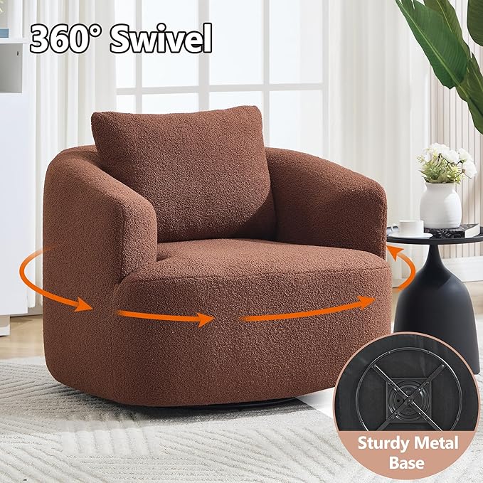 Swivel Accent Chair,360° Rotating Barrel Chair,Teddy Fleece High-Resilience Sponge Single Sofa, Easy Assembly for Living Room, Bedroom, Apartment Brown