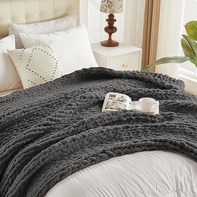 Carriediosa Chunky Knit Throw Blanket 60" X 80" Twin, 100% Hand Made Large Chenille Loop Yarn Soft Fluffy Throws for Couch Sofa Bed, Big Crochet Cozy Heavy Thick Cable Woven Blankets, Dark Grey